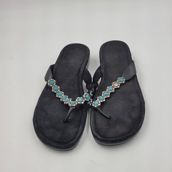 Minnetonka Black Thong Flip Flop Sandal w/ Silver Turquoise Flower Strap Size 11 - Picture 10 of 12